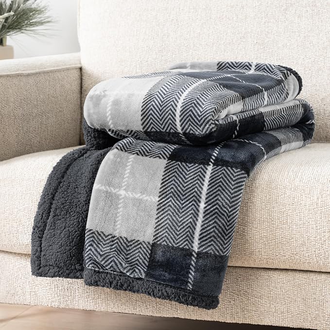 PAVILIA Twin Plaid Sherpa Throw Blanket for Couch Sofa Bed Dark Grey, 60x80 | GSM 460; Soft Plush Flannel Fleece; Warm&Cozy for Home; Machine Washable, Perfect Cabin Decor Winter Holiday Christmas Gift