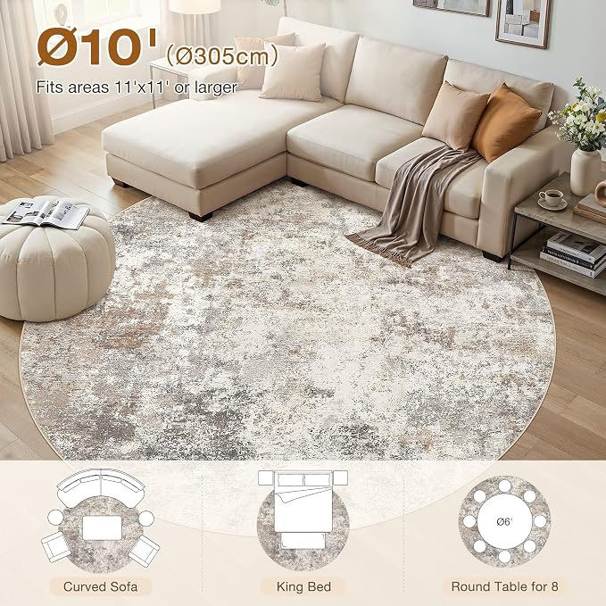 UERMEI 10ft Round Area Rug Living Room Rugs - 10x10 Washable Large Neutral Modern Abstract Soft Thin Rug Indoor Floor No Slip Rug Carpet for Bedroom Under Dining Table Home Office Decor - Brown Grey