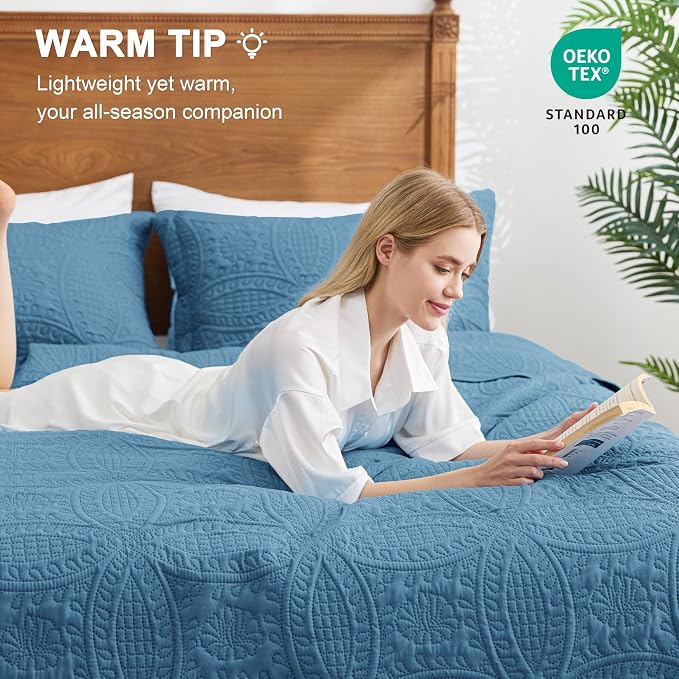 Love's cabin California King Size Quilt Bedding Set Misty Blue Bedspreads - Cal King Lightweight Bedspread Comforter - Coin Pattern Coverlet for All Season - 3 Pieces (1 Quilt, 2 Pillow Shams)