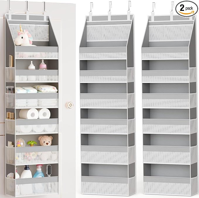 2 Pack Over The Door Organizer, Heavy-Duty 6-Shelf Hanging Storage with 13 Mesh Pockets, 55lbs Capacity Behind The Door Storage for Nursery, Bathroom, Bedroom, and Dorm, Grey