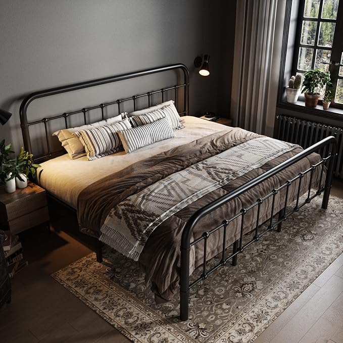 Allewie King Metal Bed Frame with Victorian Iron-Art Headboard, Black | Victorian Style Wrought Iron-Art Headboard/Footboard, Easy Assembly, Under Bed Storage, No Box Spring Required