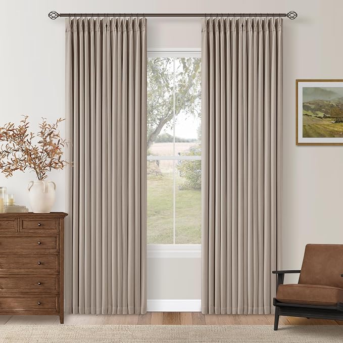 Burlywood Birch Linen Pinch Pleated Blackout Bedroom Curtains 80 Inch Long | Room Darkening, 100% Black Out, Pinch Pleat Drapes with Liner, Farmhouse Neutral, Dual Layer for Dining Living Room Bedroom