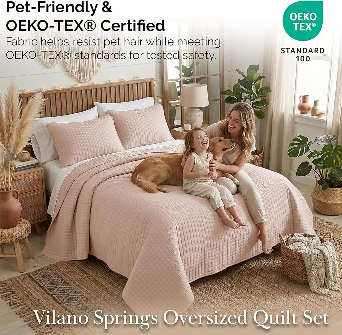 Southshore Fine Living, Inc. Oversized King Quilt Set, Stitched Blush Pink Quilt Bedspread, 2 Matching Pillow Shams, Machine Washable Cal/King Quilts, Hotel Quality Bedding, Cozy Coverlet, Blush