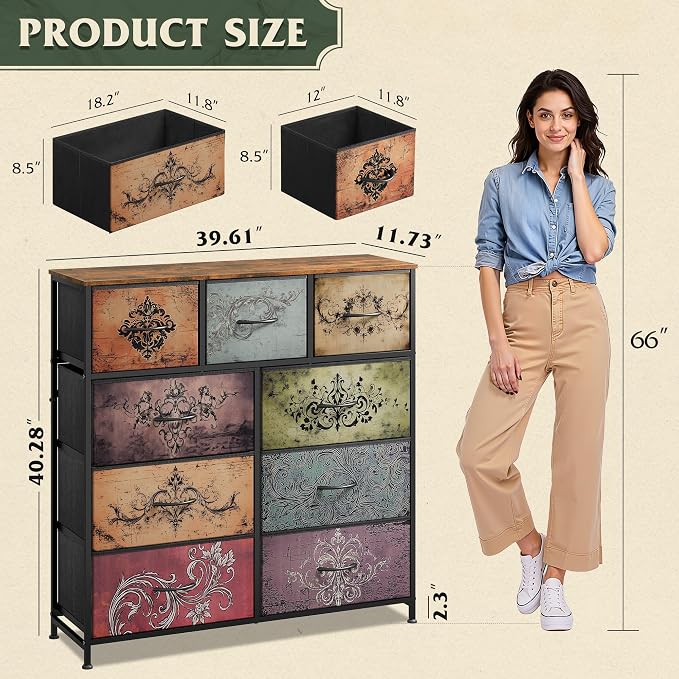 WLIVE Tall Dresser for Bedroom, 9 Drawer Chest of Drawers, Pattern | 9 roomy fabric drawers, Tall storage design, Bedroom or closet use, Sturdy steel frame, Smooth wood tabletop