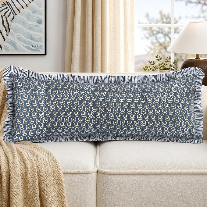 Ridhi Block Print Peacock Blue Ruffle Lumbar Pillow Shams, 14" x 36" Set-1 | 100% cotton, Floral Pillowcase, Cushion Cover, Hidden Zipper, Cottagecore Bedding, farmhouse boho style, fits couch, sofa,Bed