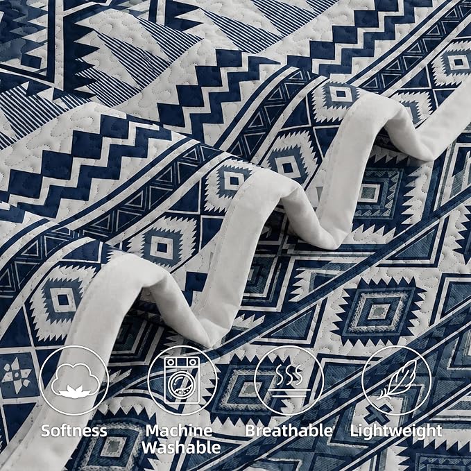 akkialla Reversible Blue Boho Queen Quilt Set, 2-Piece Bohemian Aztec Microfiber Bedspread, Soft Lightweight All-Season Coverlet (1 Quilt, 2 Shams)