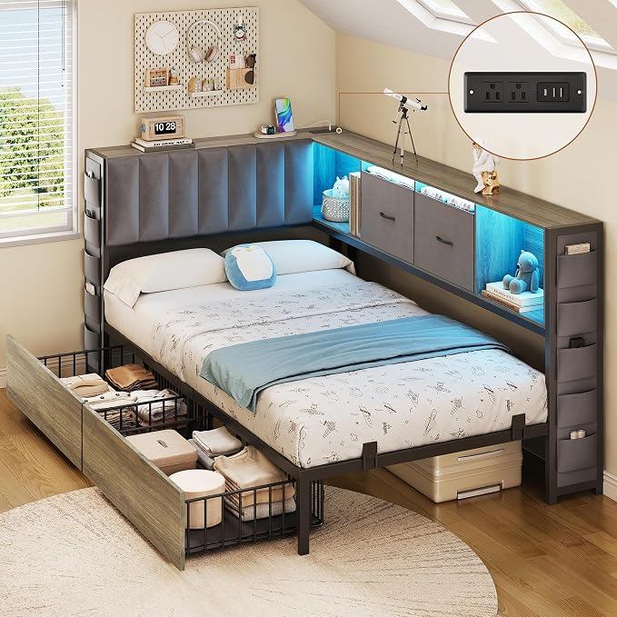 MapleGrace Twin Corner Bed Frame with Upholstered Storage Headboard and Drawers, Metal Platform Bed Frame with LED Light and Charging Station, Twin Daybed for Living Room, Bedroom & Guest Room, Gray