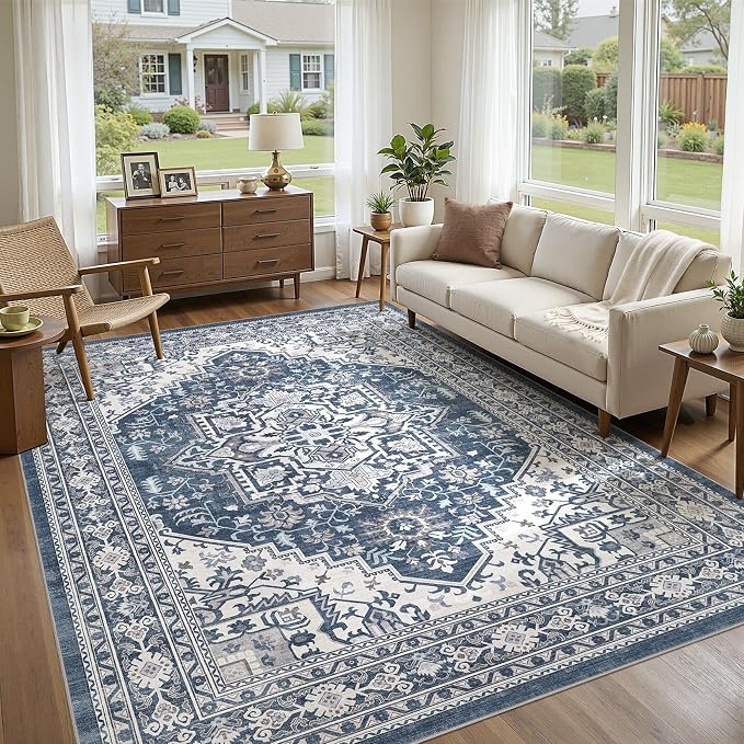 UERMEI 8x10 Area Rug for Living Room - Washable Vintage Carpet, Non-Slip Soft Large Indoor Floor Rugs for Bedroom Home Office & Under Dining Table Decor, Denim Blue/White