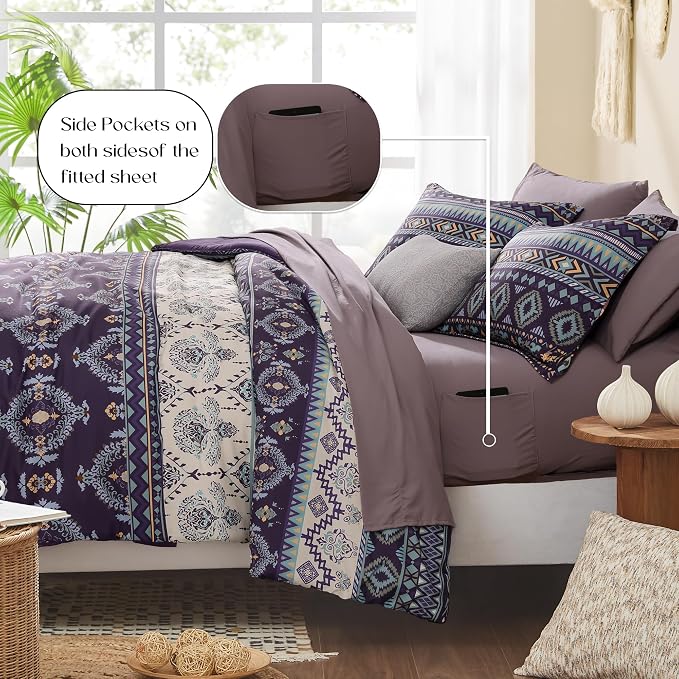 Queen Comforter Set - 7 Pieces Boho Bedding Set Aztec Bed in A Bag | Southwestern Bedding, All Season Tribal Bed Set with Comforter, Sheets, Pillowcases & Shams, Dark Purple