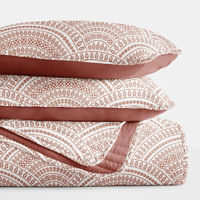 Merit Linens Soft Quilt Coverlet Bedding Set - Pattern/Solid Reversible - King/Cal-King Terracotta