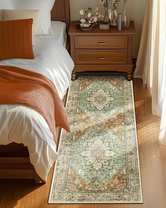 RELEANY Washable Area Rug, Runner 2'x5', Brick/Brown/Green | Non-Slip, Water Repellent, Pet Friendly, Easy to Clean, Vintage Floral Boho Decor for Kitchen Entry Bedroom Bedside Laundry