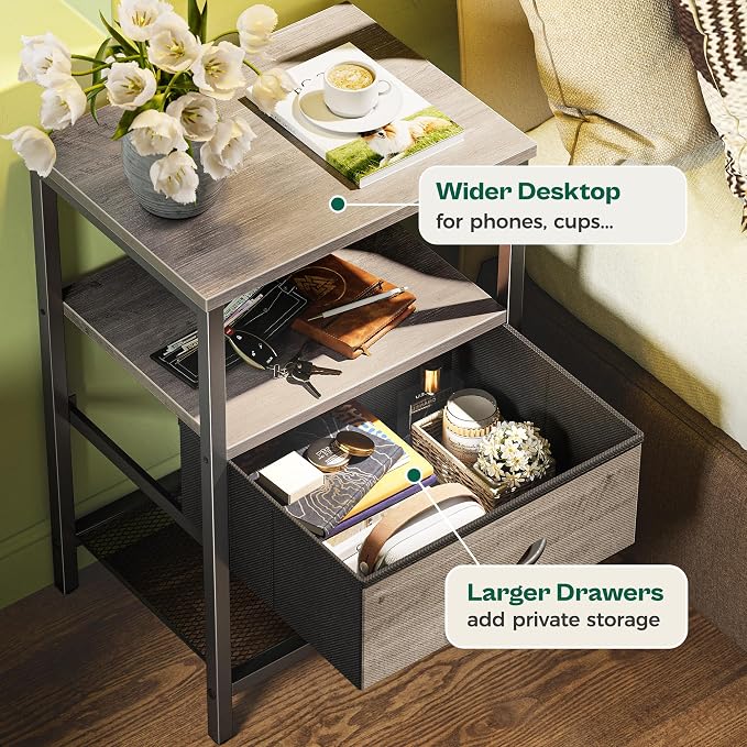 Huuger Nightstand Set of 2, Night Stand with Fabric Drawer, Mesh Shelf | Side Table with Storage, Fabric Drawer Dresser, Open Shelf, Metal Frame, Bedroom, Oak