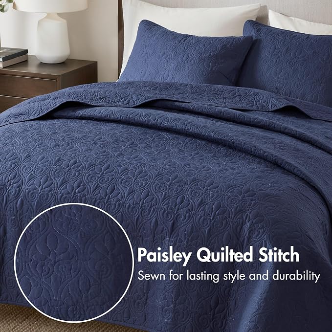 Madison Park Luxurious Cotton Damask Quilt Set, 2PC Twin/Twin XL Bed Set | All Season, Lightweight Stitching Coverlet Bedspread Bedding Stitching with Shams, Navy
