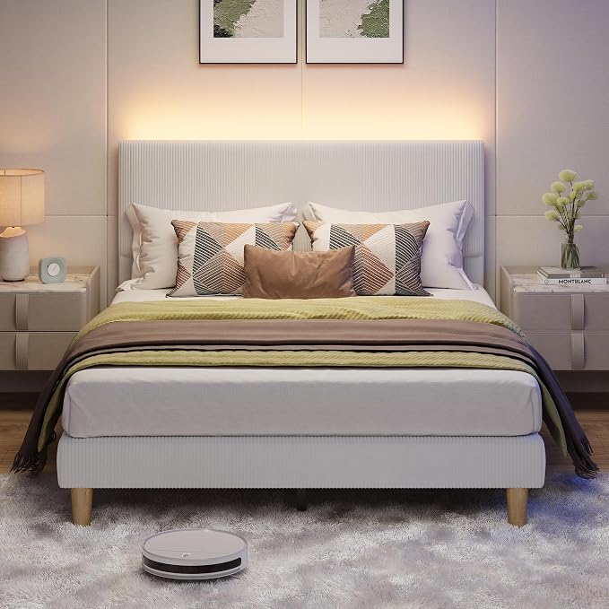 Bestier Queen Bed Frame with Headboard LED Lighting,Upholstered,Light Grey | LED Lighting Headboard,Easy Assembly,No Squeaks,Vertical Channel Corduroy Upholstered,Wood Slats Support,No Box Spring Needed