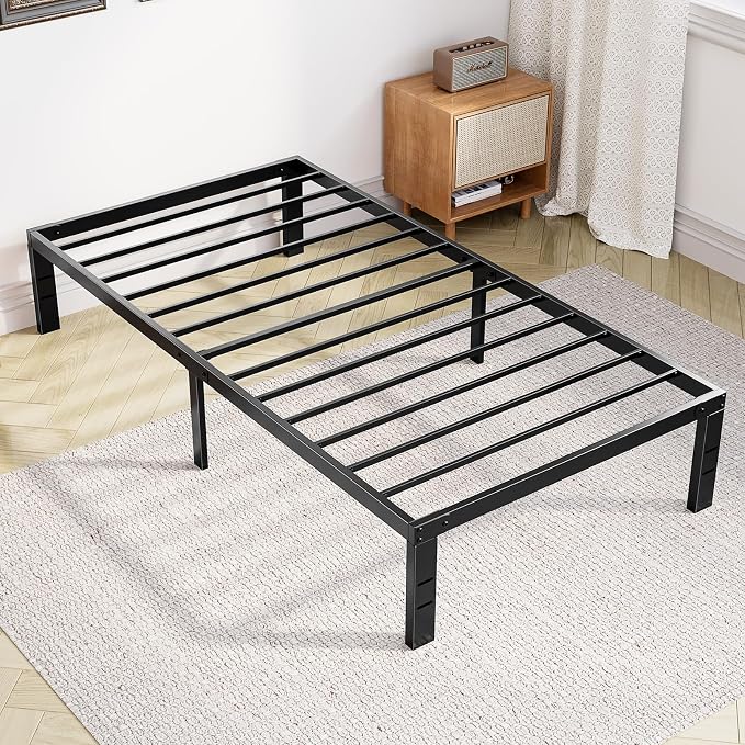 OLIXIS Twin Metal Platform Bed Frame - 14in High Heavy Duty Mattress Foundation with Storage Space, No Box Spring Needed, Sturdy Steel Slat Support, Easy Assembly, Black