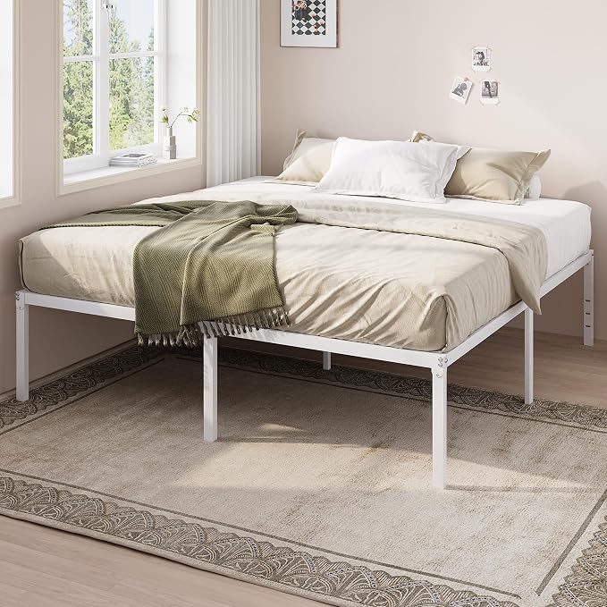 Allewie King Size Bed Frame, 18 Inch Metal Beds with Storage Space, White | Heavy-Duty Metal Platform Beds, Large Under-Bed Storage Space, No Box Spring Needed, Easy Assembly