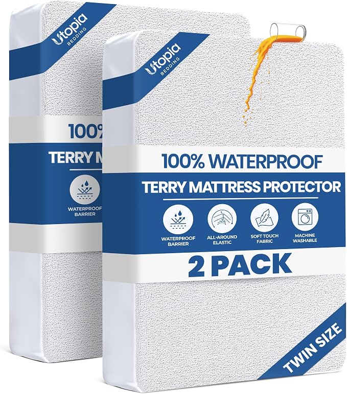 Waterproof Twin Mattress Protector 2 Pack fits Upto 15" deep Mattresses | Utopia Bedding 200 GSM Soft & Breathable Mattress Cover, Dirt-Proof, Noiseless, Machine Washable Fitted Sheet Style, White
