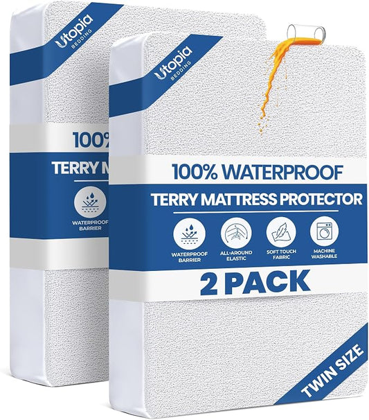 Waterproof Twin Mattress Protector 2 Pack fits Upto 15" deep Mattresses | Utopia Bedding 200 GSM Soft & Breathable Mattress Cover, Dirt-Proof, Noiseless, Machine Washable Fitted Sheet Style, White