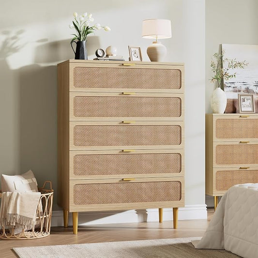 GarveeHome Rattan 5 Drawer Dressers for Bedroom, Deep Drawer, Natural | Tall Dresser, Wide Top, for Living Room, Hallway, Kids Room, Large Chest of Drawers for Closet, Long Wooden Dresser