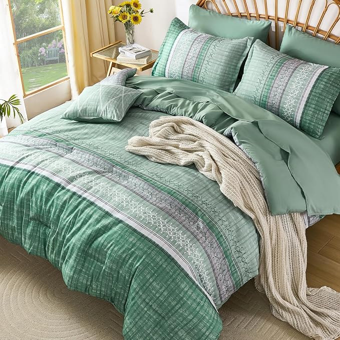 Boho Queen Comforter Size Set, 8 Pieces Sage Green Striped Texture Bed in a Bag Bedding Sets, Lightweight Soft Comforter and Sheet Set, All Season Microfiber Teen Boys Bedding Sets for Men Women