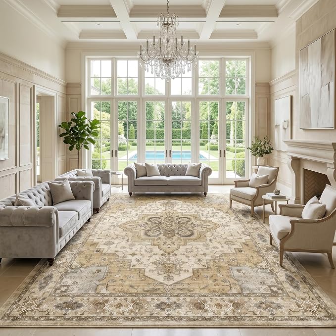 AMADA HOMEFURNISHING 8x10 Area Rug for Living Room, Vintage Washable Area Rug Low-Pile & Non-Slip Carpet for Bedroom Dining Room Nursery Home Office, Beige/Cream