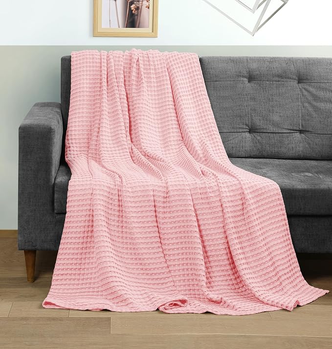 Utopia Bedding 100% Cotton Waffle Blanket Twin Size Pink, 90x72 Inch | Lightweight Breathable Cozy Summer Bed Blanket Home Decor Gift for Women and Men