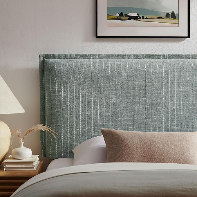 Modway Camille Twin Size Striped Linen Blend Pinstripe Headboard with Removable Slipcover – in Spa Blue Stripe - Padded Pillow Style Headboard with Adjustable Mounting for Twin Beds