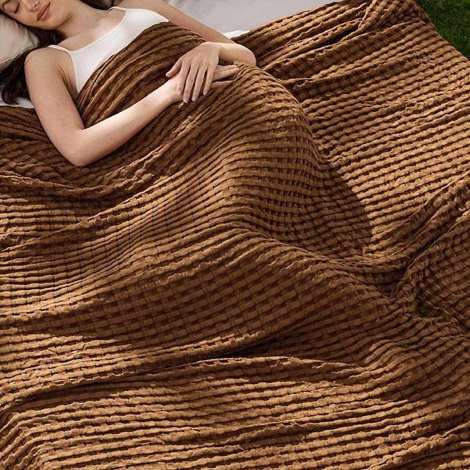 Bedsure Cooling Cotton Waffle Full Size Blanket - Lightweight Breathable Blanket of Rayon Derived from Bamboo for Hot Sleepers, Luxury Throws for Bed, Couch and Sofa, Burnt Orange, 80x90 Inches