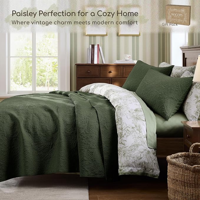 WDCOZY King 100% Cotton Paisley Quilt Bedding Set Olive Green Comforter | Pre-Washed Thin Farmhouse Bedspread, 106"x96" Coverlet + 2 Shams 20"x36", Soft Lightweight, All-Season, Textured Like Linen