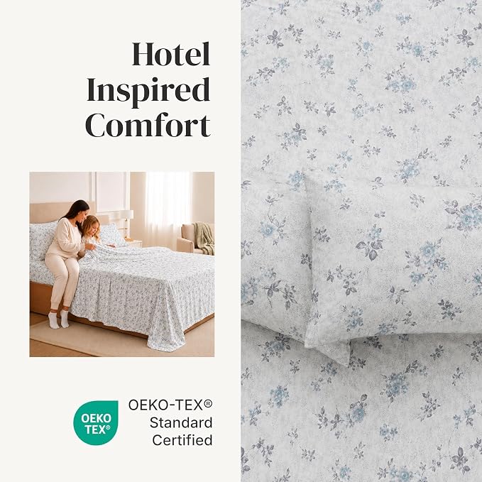 Modern Threads Silky Soft Microfiber and Wrinkle Free Sheets - Luxurious Microfiber Bed Sheets Includes Flat Sheet, Fitted Sheet with Deep Pockets, & Pillowcases Kashmir Rose Blue, Twin
