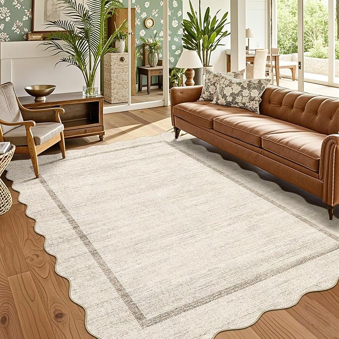 GarveeHome Scalloped Washable Rug 4x6 Boho Living Room Area Rug, Beige | Bordered Non-Slip Farmhouse Bedroom Carpet Dorm Room Throw Rug, Low Pile Soft Accent Mat for Kitchen Entry Office