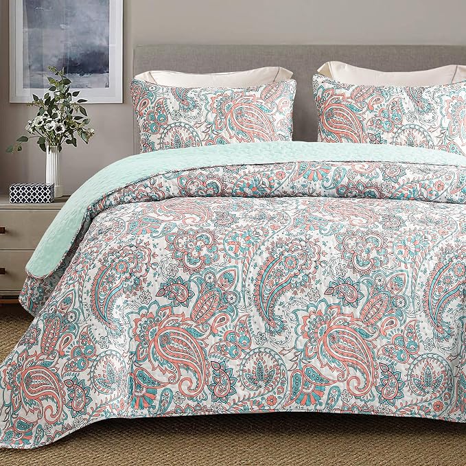Exclusivo Mezcla Reversible Boho Quilts Queen Size Aqua | Lightweight Soft Bedspreads, All Season Paisley Coverlet Bedding Set, Printed Floral Pattern, 1 Quilt and 2 Pillow Shams