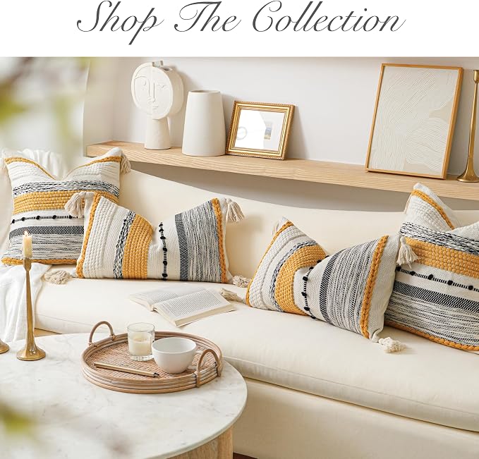 Boho Decorative Throw Pillow Cover 22x22 Square Yellow Mustard Accent Pillowcase Tassels Farmhouse Cushion for Couch Sofa Bedroom Living Room Home Décor Cover ONLY (Pack of 1)