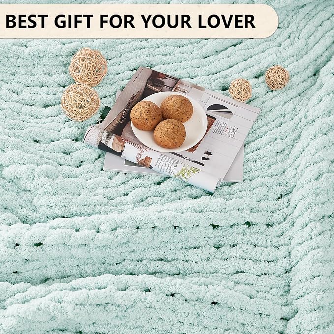 L'AGRATY Chunky Knit Throw Blanket for Couch, 50 x 60 Inches, Mint Green | Handmade Chenille Crochet Blanket for Sofa Bed, Thick Cable Knitted Blankets for Room Home Decor, Birthday Gift for Women Mom