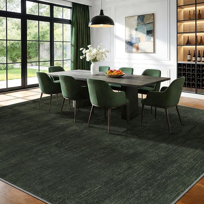 9x12 Washable Area Rug, Dark Green Solid Area Rugs for Living Room&Bedroom | Stain-resistant & Non-slip backing,Low Pile Washable Large Carpet,Solid Vintage Style For High Traffic Areas(9x12,Dark Green)