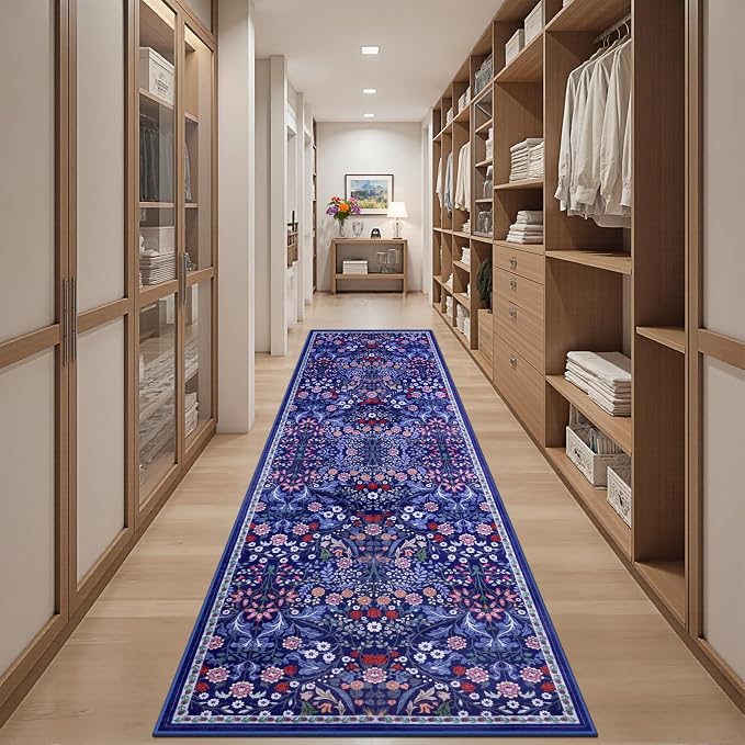 PLHXFR 2.6x10 Washable Runner Rug：Floral Indoor Kitchen Soft Carpet Blue | For Hallway Bedroom Kitchen Laundry Bathroom Dorm,Vintage Floral,Machine washable,Non Slip,Stain Resistant,Indoor Floor