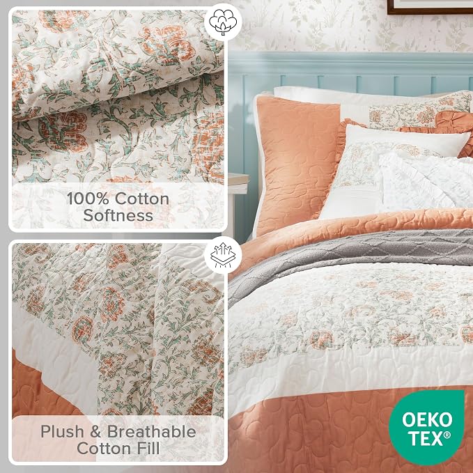 Madison Park 100% Cotton Quilt Set Floral Print, Double Sided Stitching, All Season, Lightweight Coverlet Shabby Chic Bedding Layer, Matching Shams, King/Cal King, Coral 6 Piece | Double-Sided Stitching Floral Design, All Season, with Shams, Bed Skirt,...
