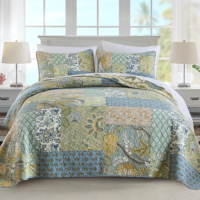 Quilt Set Queen Size, 100% Cotton Patchwork Green Bohemian Quilt Sets, Reversible Bedspread Lightweight and Breathable for All Seasons, Soft Quilted Bedspread with 2 Pillow Shams
