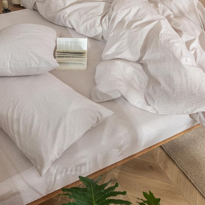 MooMee Striped Duvet Cover Set 100% Washed Cotton Linen Like Queen | Relaxed Linen-like Texture. Soft, Breathable & Long-lasting Comfort. Lightweight. Hidden Zipper with 8 Interior Corner Ties