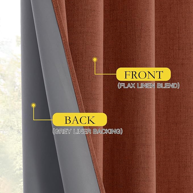 NICETOWN 100% Blackout Linen Curtains 84 inch Long 2 Panels, Rust Orange | Vintage Bedroom Curtains Thermal Insulated, Noise Reducing, Privacy Protection, Halloween Atmosphere Decoration, W52" x L84"