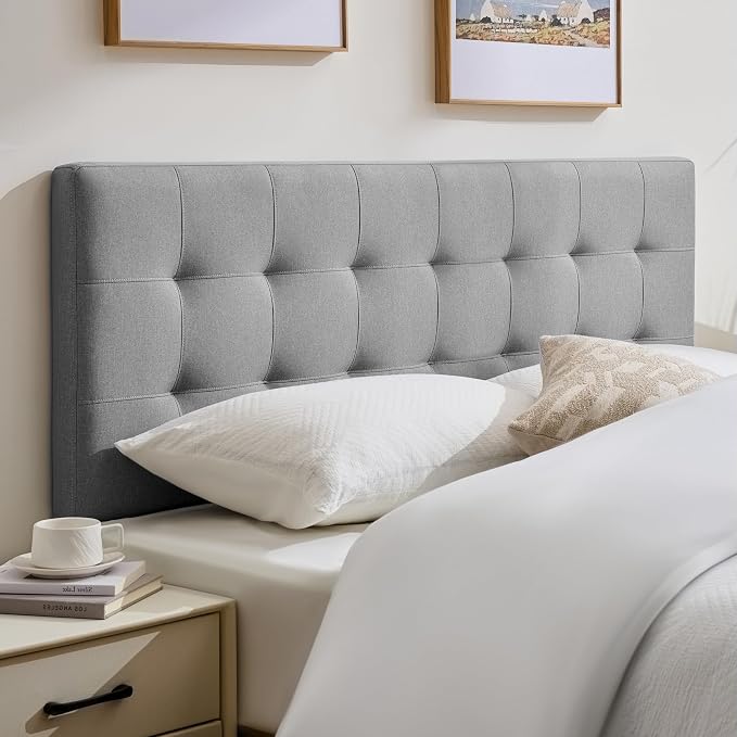 Linen Stitched Tufted King Headboard, Adjustable Height 37.2-42.3 in, Gray | Wood Twin Headboard Only, Padded Support for Reading, Relaxing or Working in Bed, Stable Non-Slip Design, Fits Bed Frame