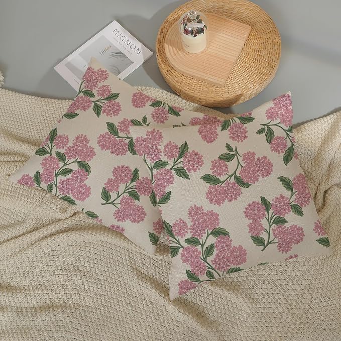 Preppy Pink Spring Pillow Covers 16x16 Inch 2 Pcs Green Hydrangea Flower Decor Throw Pillows Vintage Floral Seasonal Summer Outdoor Decoration Pillowcase Linen Cushion Cover for Couch Sofa