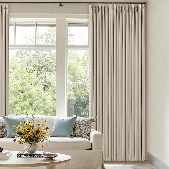 94 Inch Long Blackout Curtains Thick Linen Pinch Pleated Curtains 2 Panels | Oatmeal Window Drapes for Bedroom Living Room, Light Blocking Energy Save Soundproof, Pinch Pleat Back Tab with Hooks Rings