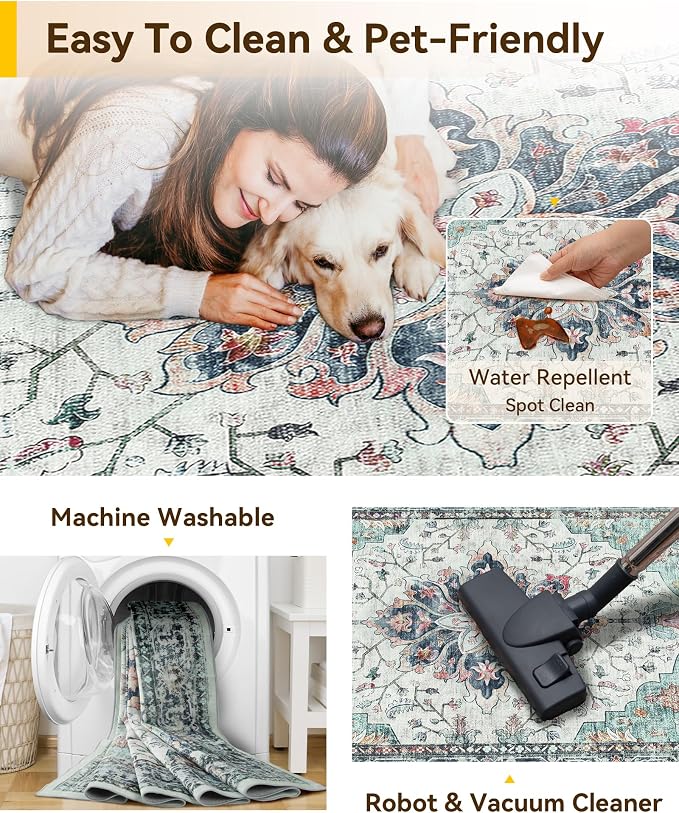 RELEANY Washable Area Rug, 7'x10', Beige/Carbon Grey/Orange | Non-Slip, Water Repellent, Pet Friendly, Easy to Clean, Vintage Floral Boho Decor for Living Room Bedroom Dining Room Office