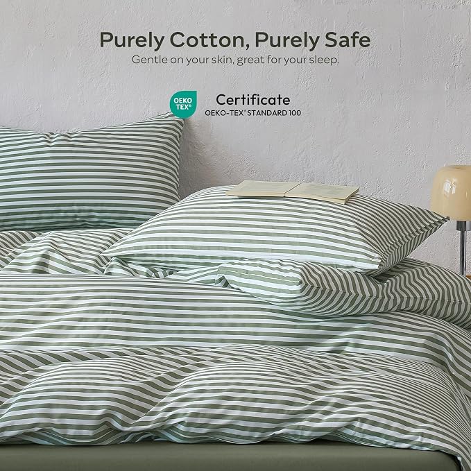 JELLYMONI 100% Cotton Printed Striped TwinXL Duvet Cover Set, Green | Breathable and Soft, Classic Stripes, 8 Corner Ties & Double-Head Hidden Zipper, For Kids or College Dorm