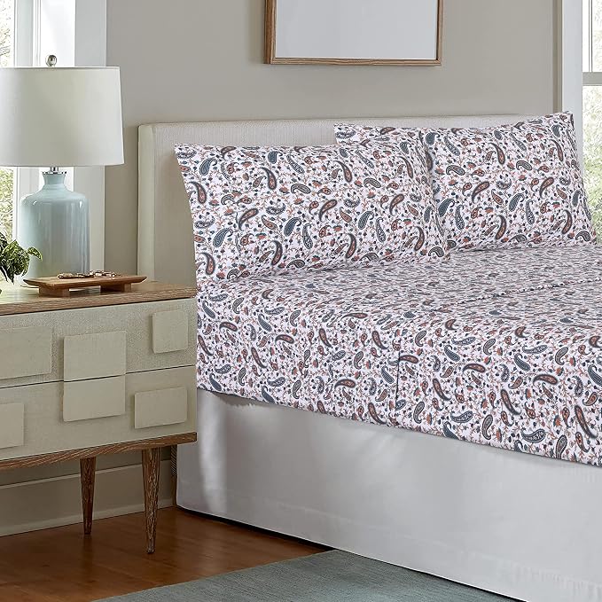 RUVANTI 100% Cotton Percale Sheets, Queen Size, Teal Paisley | Crisp Cooling, Deep Pocket 16", Soft Breathable & Durable, Hotel-Style, 4 Piece Set