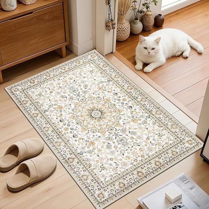 2x3 Area Rugs Living Room: Washable Vintage Rug for Bedroom Beige | Boho No Slip Stain Resistant Rug Soft Indoor Decor Floor Floral 2x3 Area Rugs for Dining Room, Nursery, Hallway, Home Office