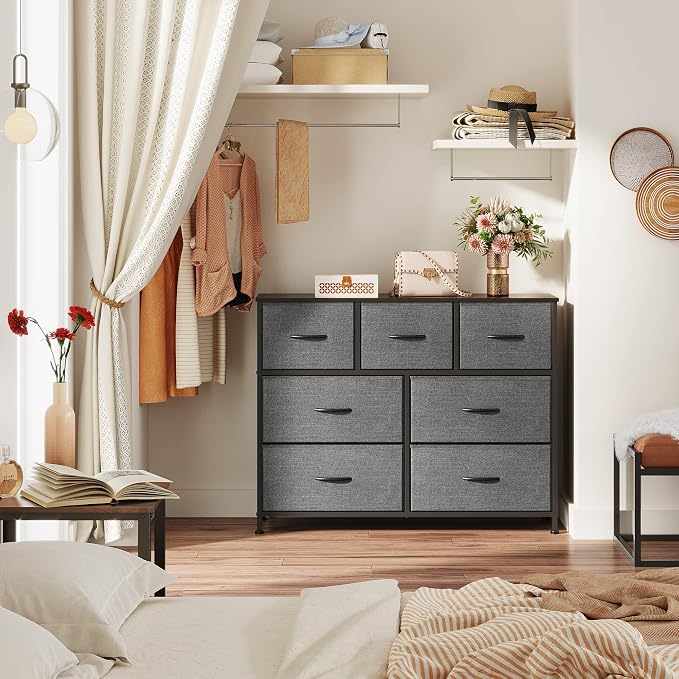 WLIVE Dresser for Bedroom, 7 Drawers, TV Stand, Dark Grey | 7 roomy fabric drawers, Fits TVs up to 45 inch, Bedroom or living room, Wide storage design, Chest of drawers