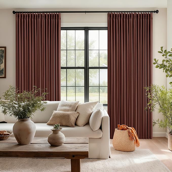 Brown Red Pinch Pleated Blackout Curtains 102 Inches Long for Bedroom | 100% Black Out, Thick Linen Dual Layer, Pinch Pleat Drapes, Farmhouse Country, Terracotta Maroon, for Dining Living Room