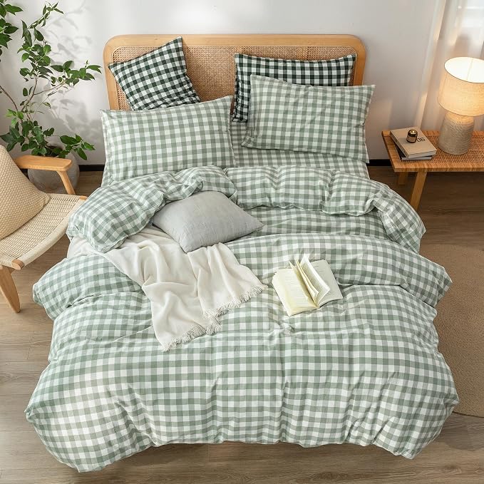 BESTOUCH Gingham Cotton Duvet Cover Set Sage Green California King | Washed Cotton, Linen Feel, Soft Wrinkle Texture, Hidden Zipper, 8 Ties, Breathable Lightweight Durable Comfy, 3 Pcs No Insert